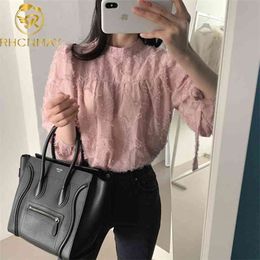 Korea Chic Fashion Women Blouses style Tassels Cuff Bandage Crew neck Versatile Shirt Long Sleeve Clothes Shirts 210506