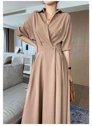 Spring Elegant Office Women Chiffon Dress Solid Color Vintage Long-Sleeved Ladies Maxi A-Line Feme Robe 210514