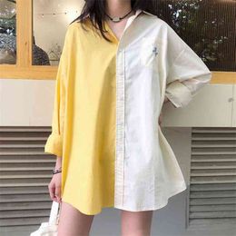 Spring Korea Fashion Women Loose Embroidery Shirts Patchwork Design Turn-down Collar Long Tops 100% Cotton Female Blouses D528 210512