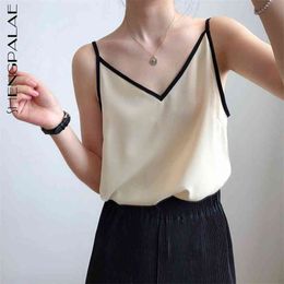 Chiffon Apricot Sling Tops Women's Summer V-neck Slim Thin Sleeveless Black Vest Female Fashion 5E171 210427