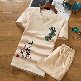 Summer linen set cotton men T-shirt slim short-sleeved solid Colour casual shorts M-5XL men's printing clothing 2 pieces set X0610