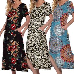 Floral Printing Dress Plus Size Fashion Casual Pocket Long Women V Neck Short Sleeve Split Maxi es 210517