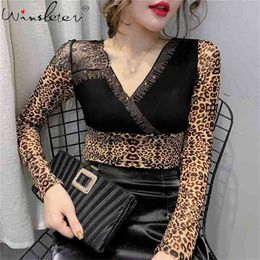 S-3XL Womens Spring T-Shirts V-Neck Long Sleeve Black Leopard T-Shirt for Ladies Top Tees T02908B 210421