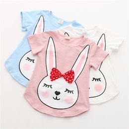 Summer 2 3 4 6 8 10 Years Children Clothing Lovely Funny Cute Rabbit Print Bow Baby Short Sleeve Kids Girls Cartoon T-Shirt 210625