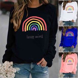 Love Wins Rainbow Printed Hoodie Fleece Long Sleeve O Neck Loose Sweatshirt Girls Hoodie Pullovers Winter 210809