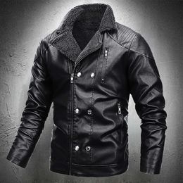 Men Autumn Winter Leather Jacket Turn Down Collar Vintage Motorcycle Black Leather Jacket Thicken Warm Coat Biker Coat Men 211009
