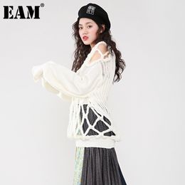 [EAM] Holes Big Size Long Knitting Sweater Loose V-Neck Long Sleeve Women Pullovers Fashion Spring Autumn 1DC78600 21512