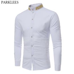 Gold Embroidery White Dress Shirt Men Brand Mandarin Collar Slim Fit Chemise Homme Casual Long Sleeve Male Social Shirt 210522