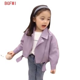 Girls Black Lapel Leather Baby Jacket Fall Kids Children's Purple PU Zipper Coat Boys Motorcycle Clothes Korean Winter 211204