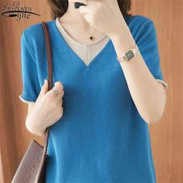 Summer Korean Casual Loose V-neck Shirts for Women Cotton Thin Knitted Short Sleeve Blouse Pullover Ladies Tops 13680 210521