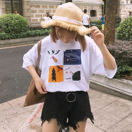 Fashion Cartoon Cute Printed Simple White Loose Casual All Match Short Sleeve Female T-shirt 210522