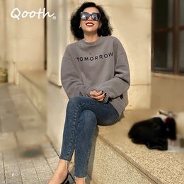 Qooth Letter Printed Oversized Sweatshirts Harajuku 90s Tomorrow Fashion Solid Crewneck Long Sleeve Top Spring Outfit QT504 210518