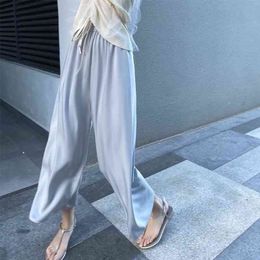 Summer Straight Wide Leg Womens Satin Pants Casual Loose Soft Pantalones De Mujer Comfortable Solid Woman Trousers 210514