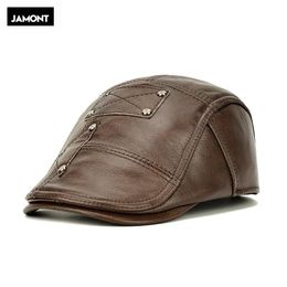 driving hats for men UK - Berets Original JAMONT Flat Caps Men Real Cowhide Leather Hats Earflaps Black Casual Directors Male Vintage Winter Driving