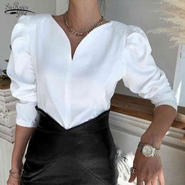 Spring Korean Chic Pullover Shirt Women Sweet Bubble Sleeve Stereo V-neck Long Blouse White Tops Blusas Mujer 12899 210521