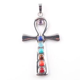 WOJIAER 7 Chakras Natural Stones Cross Pendants Health Amulet Healing Necklace 18" Length Jewellery Charms Pendant N3262