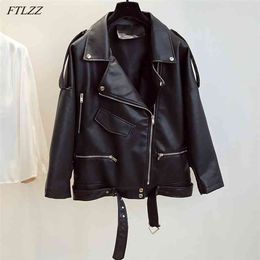 Spring Autumn Faux Leather Jacket Women BF Style Motorcycle Biker Coat Lapel LeatherJackets Loose Street Outwear With Belt 210430