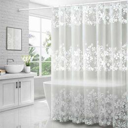 Bathroom Waterproof Shower Curtain Set With Hooks White Flower Vine Print Mildew Proof Curtains Translucent Bath Screen Decor 210609