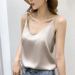 Korean Silk Women Tops Woman Satin Camisole Plus Size Sxey Halter Sleeveless V-neck Tank Solid 210427