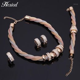 Earrings & Necklace Women African Gold Circle Jewellery Set 3 Colours Twist Choker Ring Bracelet Crystal Bridal Party Jewellery