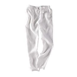 100%Linen Pants for Men Casual Solid White Straight Trouser Breathable Fashion Comfortable Full Length Man Pant 210601