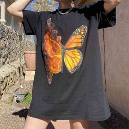 Black Flame Oversized Y2k T-Shirt Female Fashion Women Summer Chic O-Neck Short Sleeve Tee Shirt Streetwear 210510