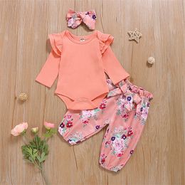 3pcs Baby Clothing Solid Colour Knitting Jacket Long Sleeves Flower Kids Woman Romper Trousers Headscarf Suit Autumn 30ss K2