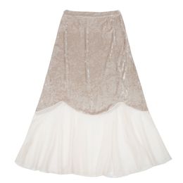 Velvet Chiffon Patchwork Mid-calf Ruffle Asymmetrical Beige Black Empire Mermaid Skirt S0113 210514