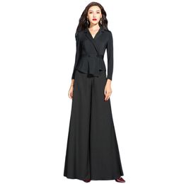 Black wide leg pants and blazer two piece sets women spring fashion temperament plus size tops clothing feminina LR771 210531