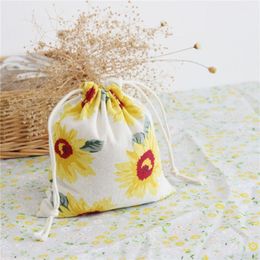 Gift Wrap Sunny Flower Printed Cotton Cloth Bags Drawstring Pouches Wedding Party Candy Packaging Storage Organiser Pocket