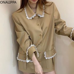 Women's Suits & Blazers ONALIPPA Women Blazer Korean Autumn Retro Temperament Lapel Lace Metal Single Breasted Long Sleeve Business Attire J