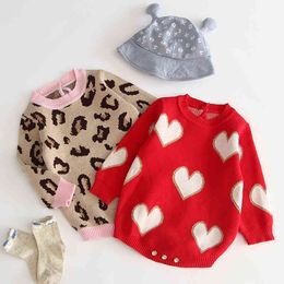 Autumn Winter Baby Girl Rompers Long Sleeves Loving Heart Leopard Print born 210429