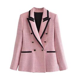 ZA Elegant Pink Textured Blazer Women Long Sleeve Contrast Piping Double Breasted Blazers Woman Fashion Cute Coat Outerwear 211006