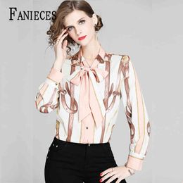 Spring Summer Fall Runway Vintage Print Collar Long Sleeve OL bow Neck Women Party Casual Top Shirts Blouse dro 210520