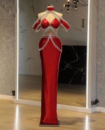 Modern DarK Red Satin Mermaid Prom Dresses 2022 With Sparkly Beaded Crystals Sexy High Neck Cut Waist Plus Size Formal Evening Occasion Gowns For Arabic Robe de soirée