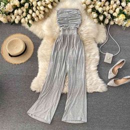 Summer Holiday Style Sexy Tube Top Jumpsuit Women European Pleated Playsuits Bodysuits Slim Long Wide Leg Pants C056 210507