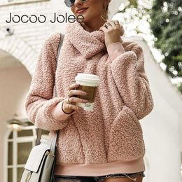 Jocoo Jolee Women Casual Solid Teddy Hoodies Irregular Zipper Turtleneck Sweatshirt Vintage Pockets Loose Pullovers Fleece Tops 210619