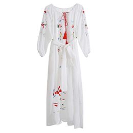 PERHAPS U Women White Navy Blue Chiffon O-neck Dress Bohemian Embroidery Sash Beach Holiday Midi Dress Spring Summer D2395 210529