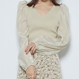 Sweet Sexy V-neck Puff Sleeve All Match Pullovers Chic Mesh Knit Patchwork Sweaters Japan Style Elegant Slim Women Tops 210519