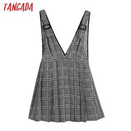 Tangada Fashion Women Plaid Pattern Sleeveless Dress With Belt Ladies V Neck Pleated Mini Dress Vestidos BE278 210609