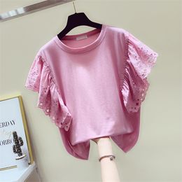 Women's O Neck Short Sleeves Hollow Out Ruffles Lace Cotton T-Shirt Tee Summer Girls Pullover Casual Tops Tees A2691 210428