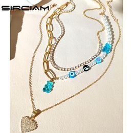 Pendant Necklaces Y2K Cute Animal Crystal Heart Asymmetry Pearl Beaded Necklace For Women Trendy Bohemian Cartoon Multilayer Jewellery