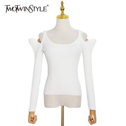 Sexy Off Shoulder Sweater For Women Square Collar Long Sleeve Hollow Out Slim Thin Knitted Pullovers Female Style 210524