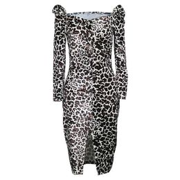 Strapless Leopard Printed Dress for Women Velvet Long Sleeves Bodycon Slit Button Up Autumn Female Fashion African Sexy Clubwear 210527