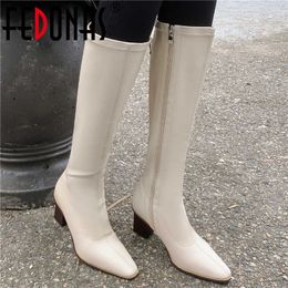 Side Zipper Knee High Boots For Women Wide Leg Pointed Toe Heels Girls Party Wedding Winter Shoes Woman 210528