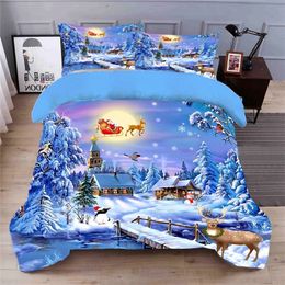 Home Kid Saudável 3D Conjunto de cama Azul Cor Forros Duveta Capa Folha Fronhas Árvore de Natal e Cervos de Neve 210319