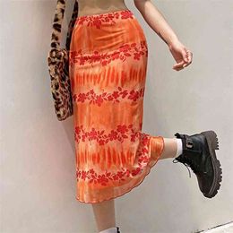 Orange Floral Long Skirts Y2k Summer Frill Sweet Cute Mid-Calf Women Beach Style Fashion Bottom 210529