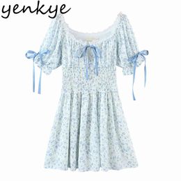 Sweet Summer Dress Women Lace Patchwork Floral Print Female Sexy Square Neck Short Sleeve Elastic Waist Mini Robe 210430