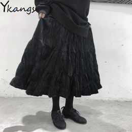 Women Vintage Velvet Long Pleated Skirt Korean Style Ladies Elastic Midi High Waist Black Skirt Spring Harajuku Gothic Clothes 210619