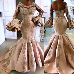 2021 Arabic Aso Ebi Champagne Luxurious Mermaid Prom Dresses Lace Crystal Beaded Evening Dress Long Sleeves Formal Party Second Reception Gowns